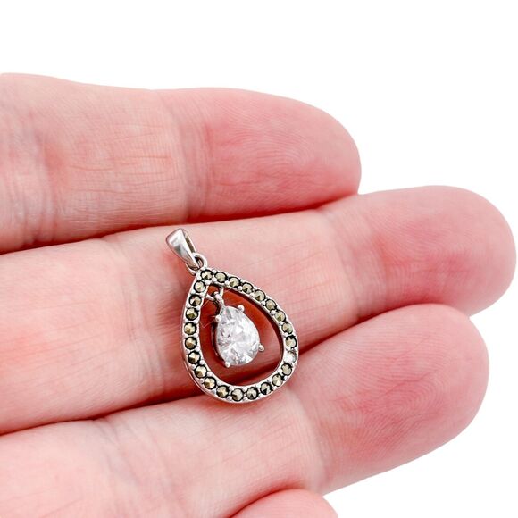 Vintage SU Sterling Silver Cubic Zirconia Marcasite Teardrop Pendant - Picture 1 of 7